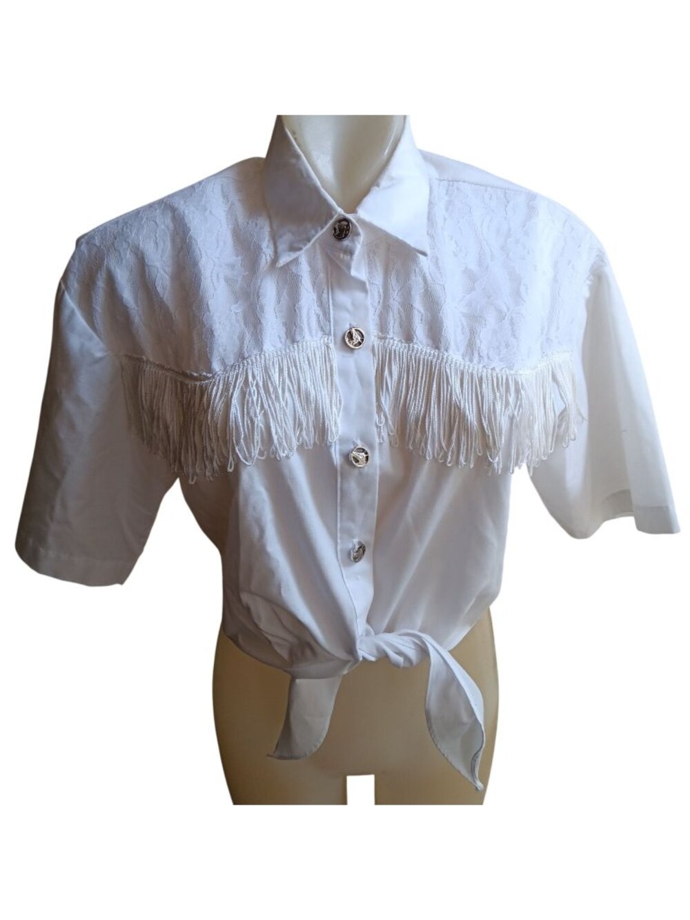 Vintage Large Cowgirl Cinch Crop Top Western Fringe Lace Accent 1990s USA White